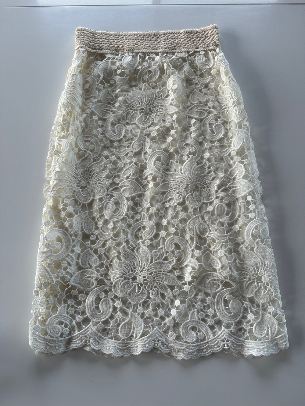 Women's Cream Lace Midi Skirt with Crochet Waistband